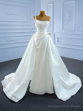 Unique White Satin Pleats Pearls Wedding Dress